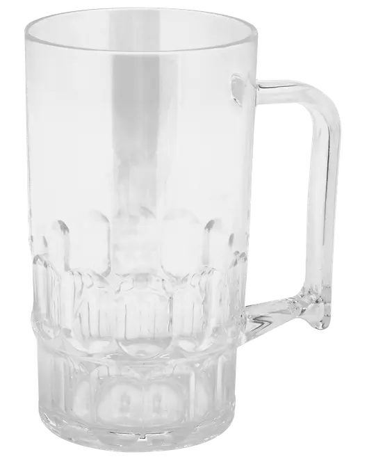 Klar ölsejdel i glas med robust handtag, tjock botten och texturerad nedre del för bättre grepp. Klassisk design för öl eller kalla drycker.