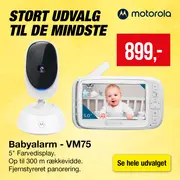 Motorola babyalarm VM75 med hvidt kamera og 5-tommers farvedisplay, forældreenhed med knapper og antenne, rækkevidde op til 300 meter, fjernstyret panorering.