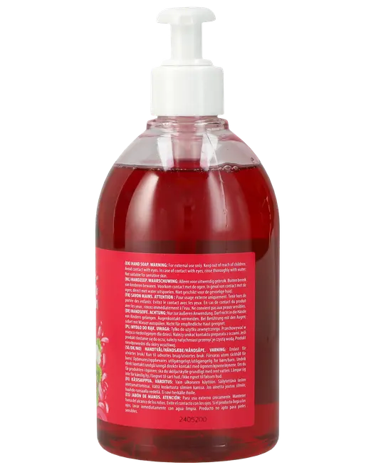 Genomskinlig plastflaska med pump, fylld med röd flytande handtvål. Baksidesetikett med produktinformation och varningar på flera språk. Vit pump upptill.