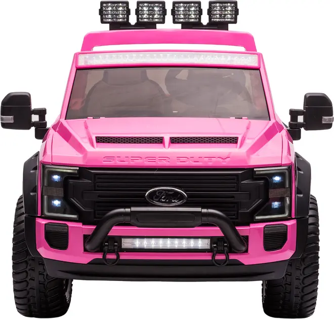 Lyserød elbil-legetøjslastbil med sort kølergitter, store dæk, frontbøjle, LED-lys på tag og kofanger, sidespejle og "Super Duty" tekst på motorhjelmen. Ford-detaljer.