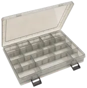 Transparent plastopbevaringsboks med 18 rum og sikre låse, ideel til organisering af småting som perler, skruer eller fiskegrej. Holdbar, let og nem at transportere.