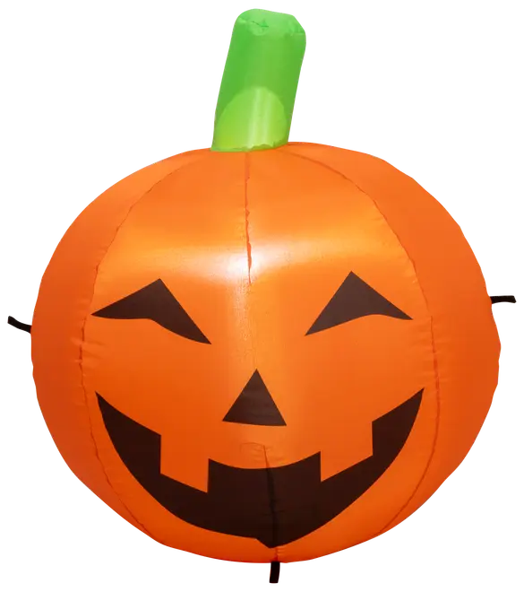 Oppustelig Halloween græskar dekoration med smilende græskarlygte-ansigt, klar orange farve og grøn stilk. Fremstillet i holdbart materiale til indendørs eller udendørs brug.