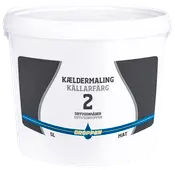 Hvid 5-liters plastspand med Droppen kældermaling, mat finish, diffusionsåben, mærket på dansk og svensk. Sorte og blå designelementer på etiketten.