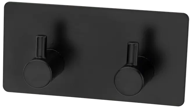 Mat sort vægmonteret dobbeltkrog med rektangulær base og to cylindriske knager, ideel til ophængning af håndklæder, badekåber eller tilbehør i badeværelset eller entreen.