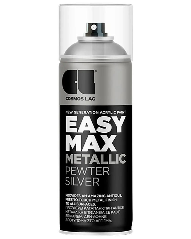 Cosmos Lac Easy Max Metallic spraymaling, farve: tin-sølv. Akrylformel, giver antik metalfinish, egnet til alle overflader. Leveres i standard spraydåse med klar hætte.