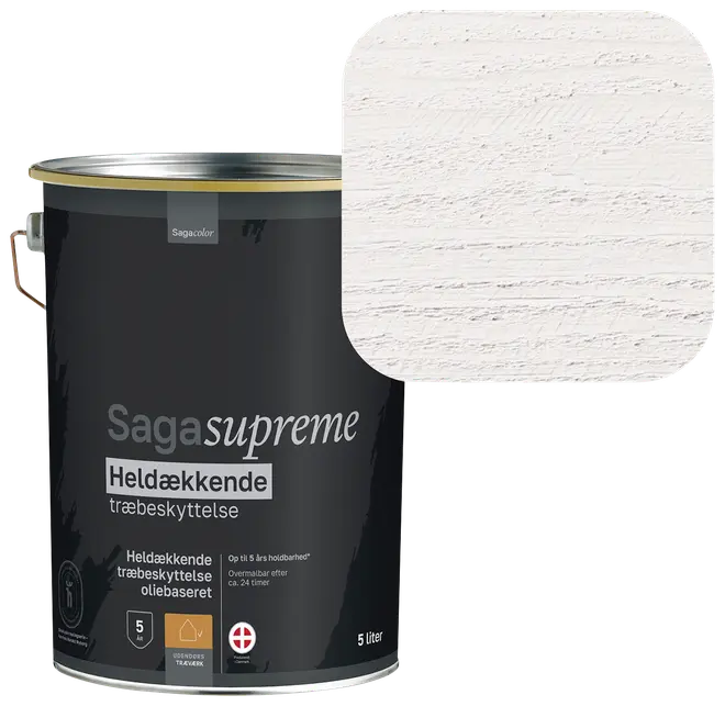 Saga Supreme heldækkende træbeskyttelse, oliebaseret, 5 liter sort spand. Vist farve er lys, hvidlig nuance med let træstruktur.