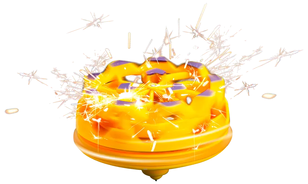 Gul snurretop-legetøj med lilla detaljer, udsender lyse gnister. Lavet af plastik, rund form, designet til kampspil. Holdbar og iøjnefaldende, velegnet til børns leg.