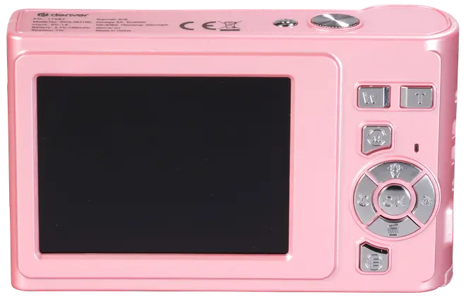 Rosa digitalkamera med stor LCD-skärm, flera kontrollknappar till höger, inklusive zoom, meny och navigering. Kompakt design för vardagsfotografering.