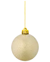 Rundt gyllene julgransprydnad med glittrande, texturerad yta, guldfärgad topp och hängande snöre. Perfekt för julgransdekoration eller festlig inredning.
