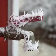 Udendørs vandhane i metal med rød håndtag, dækket af tyk, spids frost. Velegnet til have eller udendørs vandforsyning, viser frostskader ved lave temperaturer.