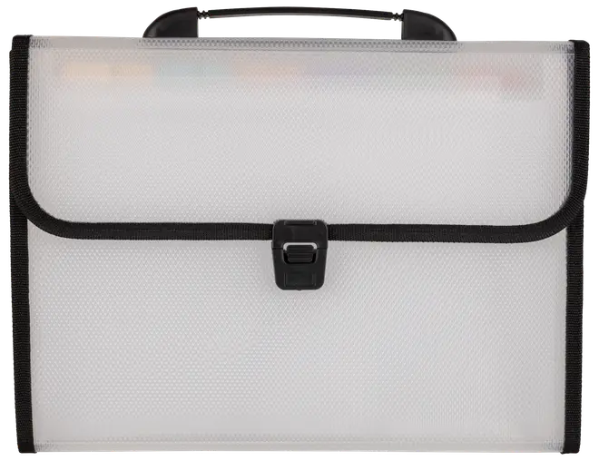 Transparent plastmapp med svart kant, säker snäpplåsning och bärhandtag. Perfekt för att organisera och transportera papper eller dokument. Lätt och hållbar design.