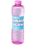 Gennemsigtig lyserød Bubble Blow-sæbebobleflaske med lyserødt låg og blå etiket.