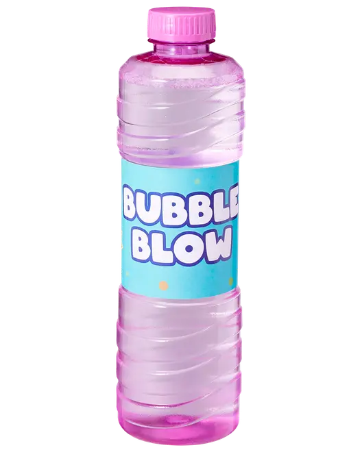 Gennemsigtig lyserød Bubble Blow-sæbebobleflaske med lyserødt låg og blå etiket.