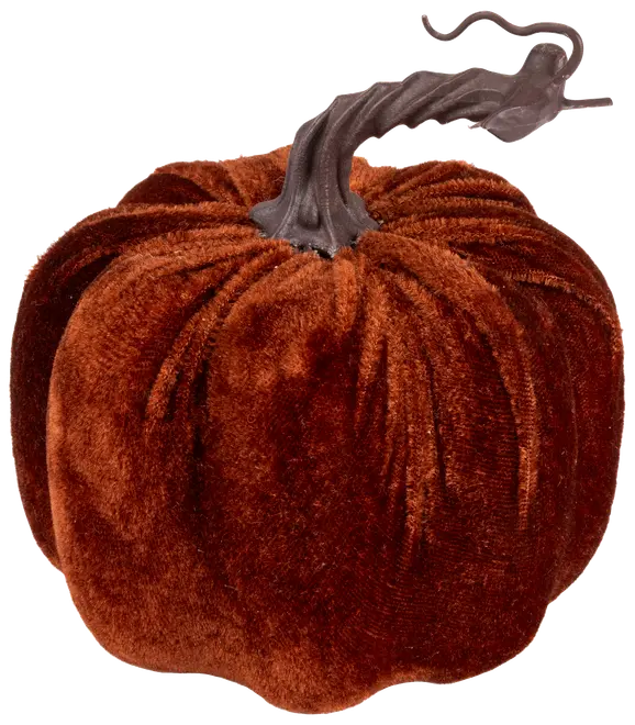 Mjuk pumpadekoration med sammetsliknande brunt tyg och vriden, naturtrogen brun stjälk. Perfekt för höst- eller Halloweenpynt.