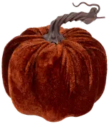 Mjuk pumpadekoration med sammetsliknande brunt tyg och vriden, naturtrogen brun stjälk. Perfekt för höst- eller Halloweenpynt.