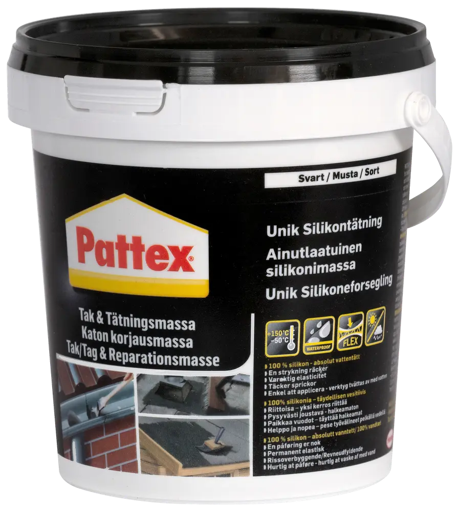 Pattex tag- og reparationsmasse i sort 1-liters plastspand, velegnet til vandtætning og tætning af tag, revner og samlinger. Silikonebaseret formel for fleksibel, holdbar beskyttelse.