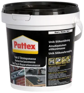 Pattex tag- og reparationsmasse i sort 1-liters plastspand, velegnet til vandtætning og tætning af tag, revner og samlinger. Silikonebaseret formel for fleksibel, holdbar beskyttelse.
