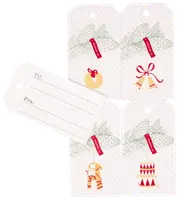 Set med julklappsetiketter med festliga illustrationer, grankvistar och texten "Glædelig jul". Utrymme för mottagare och avsändare. Hål för att fästa på paket.