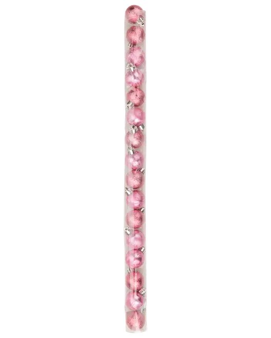 Gennemsigtigt rør med en lang række pink marmorerede runde perler og små sølvafstandsstykker.