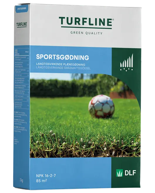 Turfline Sportgödsel, 3 kg förpackning, långtidsverkande gräsmattegödsel. Räcker till 85 m². NPK 16-2-7. Passar sportgräs. Förpackningen visar grön gräsmatta och fotboll.