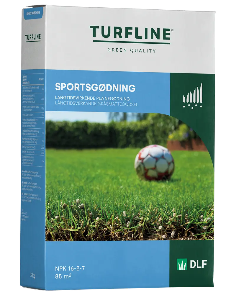 Turfline Sportgödsel, 3 kg förpackning, långtidsverkande gräsmattegödsel. Räcker till 85 m². NPK 16-2-7. Passar sportgräs. Förpackningen visar grön gräsmatta och fotboll.