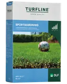 Turfline Sportgödsel, 3 kg förpackning, långtidsverkande gräsmattegödsel. Räcker till 85 m². NPK 16-2-7. Passar sportgräs. Förpackningen visar grön gräsmatta och fotboll.