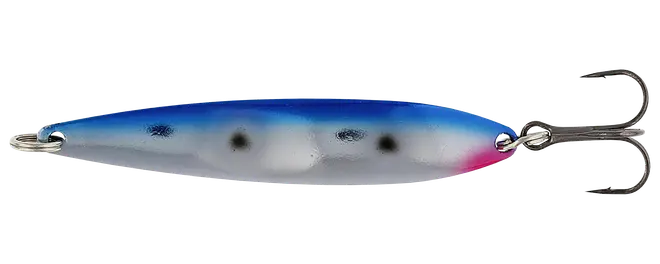 Blå og sølv fiskelokke med pink haleaccent og trekrog på højre side.