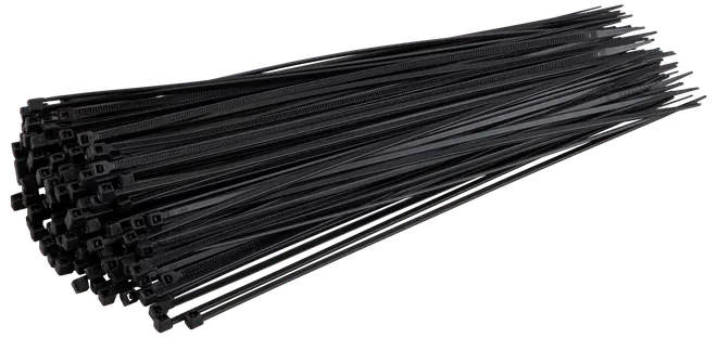 Bundt med lange sorte plastik kabelbindere med låsehoved, bruges til at organisere og fastgøre kabler eller genstande. Holdbare, fleksible og velegnede til inde- og udendørs brug.