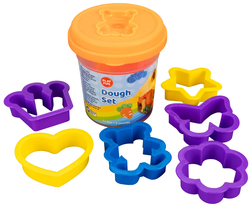Børns dej-sæt med orange bøtte og seks farverige plastikforme: hjerte, stjerne, sommerfugl, blomst, bamse og cupcake. Perfekt til kreativ leg og hobbyaktiviteter.