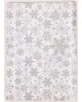 Vitt silkespapper med upprepat mönster av silver- och gråa snöflingor i olika storlekar, perfekt för presentinslagning eller julpyssel. Halvtransparent och festligt.