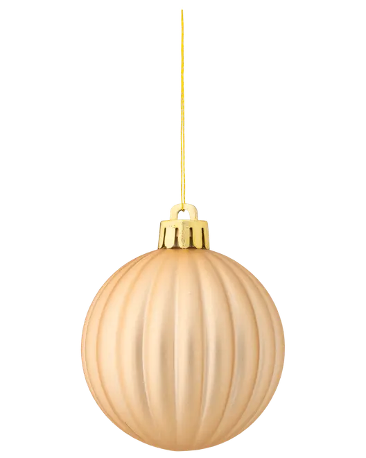 Mat guld julekugle med lodret rillet struktur, blankt guldtop og tynd guldsnor til ophæng. Elegant og enkel dekoration til juletræet.