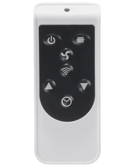 Hvid håndholdt fjernbetjening med sort knappanel og ikoner for tænd/sluk, blæser, Wi‑Fi, op/ned og timer.