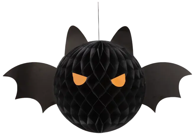 Sort papirdekoration formet som en flagermus med orange øjne, spidse ører og brede vinger. Perfekt til ophængning til Halloween eller temafester.