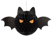 Sort papirdekoration formet som en flagermus med orange øjne, spidse ører og brede vinger. Perfekt til ophængning til Halloween eller temafester.