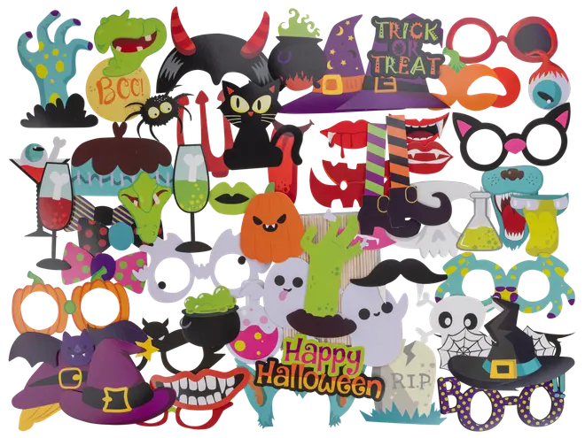 Blandet Halloween-tema fotorekvisitter, herunder masker, hatte, briller, læber, spøgelser, græskar, hekse og monstre, lavet af farverigt pap med sjove og uhyggelige designs.