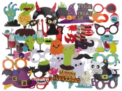 Blandet Halloween-tema fotorekvisitter, herunder masker, hatte, briller, læber, spøgelser, græskar, hekse og monstre, lavet af farverigt pap med sjove og uhyggelige designs.