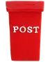 Rød, rektangulær postkasse med en åbning øverst og ordet 'POST' i hvide bogstaver på fronten. Enkel design, egnet til post eller dekoration.