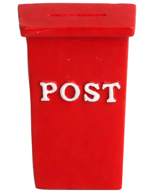 Rød, rektangulær postkasse med en åbning øverst og ordet 'POST' i hvide bogstaver på fronten. Enkel design, egnet til post eller dekoration.