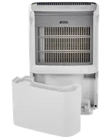 Vit avfuktare med avtagbar vattentank, frontgaller och kompakt design. Passar för hemmabruk för att minska fukt och förbättra luftkvaliteten.