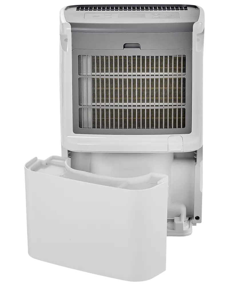 Vit avfuktare med avtagbar vattentank, frontgaller och kompakt design. Passar för hemmabruk för att minska fukt och förbättra luftkvaliteten.