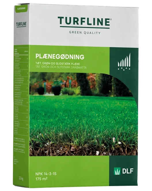 Turfline gräsmattegödsel, 3,5 kg, räcker till 175 m². Ger tät, grön och slitstark gräsmatta. NPK 14-3-15. Grön och vit förpackning.