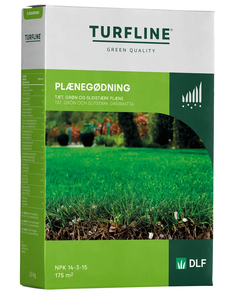 Turfline gräsmattegödsel, 3,5 kg, räcker till 175 m². Ger tät, grön och slitstark gräsmatta. NPK 14-3-15. Grön och vit förpackning.
