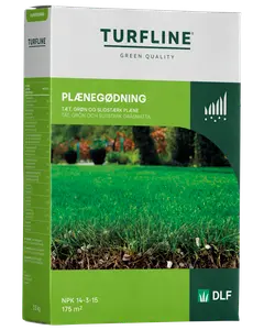 Turfline gräsmattegödsel, 3,5 kg, räcker till 175 m². Ger tät, grön och slitstark gräsmatta. NPK 14-3-15. Grön och vit förpackning.
