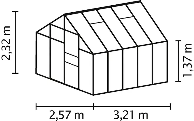 Rektangulärt växthus med sadeltak, dörr och fönsterpaneler. Mått: 2,57 m brett, 3,21 m långt, 2,32 m högt vid nock, 1,37 m vid takfot.