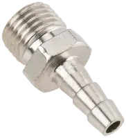 Metal slangestuds med udvendigt gevind og rillet studs til sikker fastgørelse af slange, velegnet til tilslutning af fleksible slanger til gevindrørssystemer.