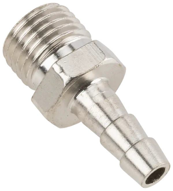 Metal slangestuds med udvendigt gevind og rillet studs til sikker fastgørelse af slange, velegnet til tilslutning af fleksible slanger til gevindrørssystemer.