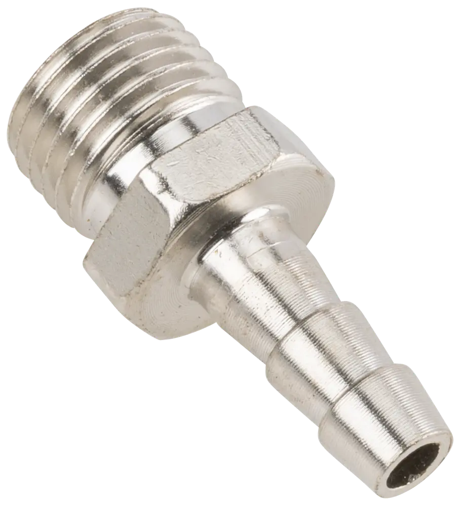 Metal slangestuds med udvendigt gevind og rillet studs til sikker fastgørelse af slange, velegnet til tilslutning af fleksible slanger til gevindrørssystemer.