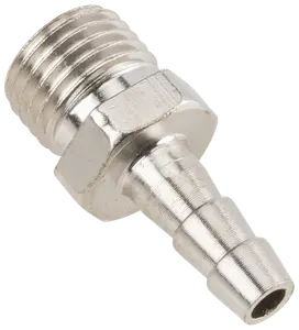 Metal slangestuds med udvendigt gevind og rillet studs til sikker fastgørelse af slange, velegnet til tilslutning af fleksible slanger til gevindrørssystemer.