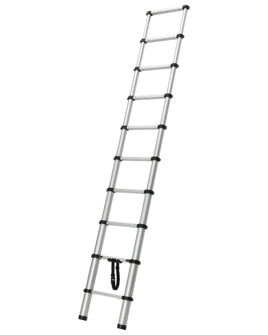 Teleskopisk aluminiumsstige med flere låsesektioner, skridsikre trin og sorte forbindelser. Let, udtrækkelig og nem at opbevare. Velegnet til hjemmet eller professionelt brug.