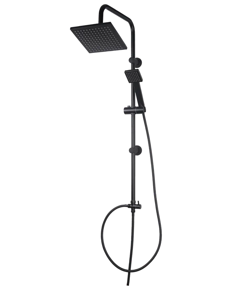 Mat sort brusesystem med firkantet hovedbruser, justerbar håndbruser og fleksibel slange. Moderne design, vægmonteret, ideel til nutidige badeværelser.